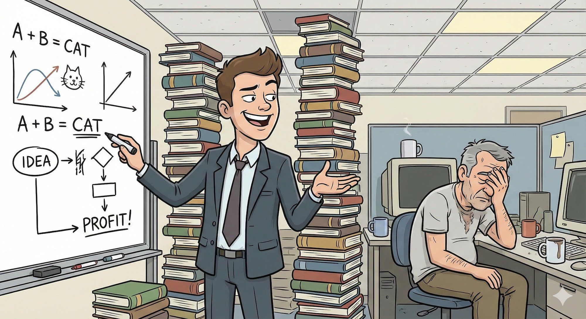 An extremely confident young intern in a suit, surrounded by towering stacks of books reaching to the ceiling, smugly presenting completely wrong information on a whiteboard while a senior developer facepalms in the background.