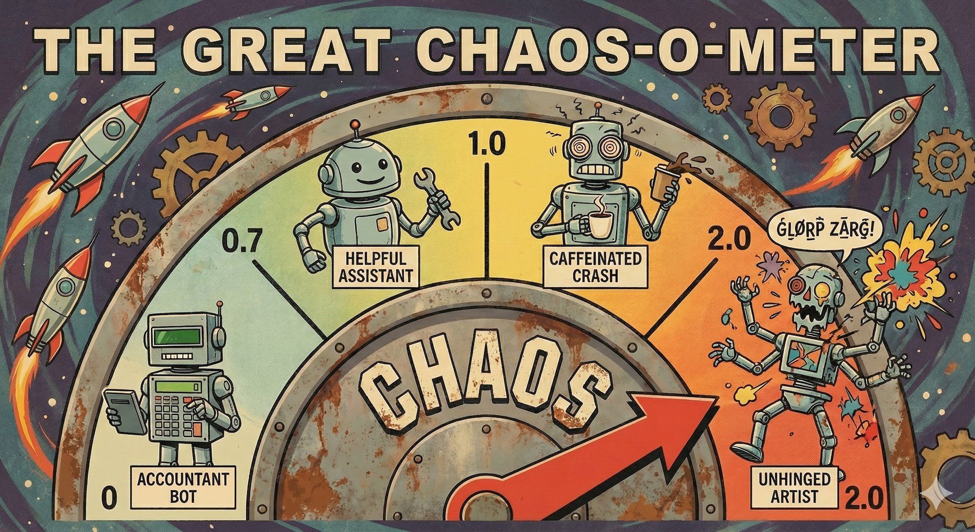 A giant dial labeled 'CHAOS' going from 0 to 2, with different AI robot faces at each level: at 0 a boring accountant robot, at 0.7 a normal helpful robot, at 1.0 a robot with wild eyes drinking coffee, at 2.0 a completely unhinged robot surrounded by abstract art and speaking in tongues.