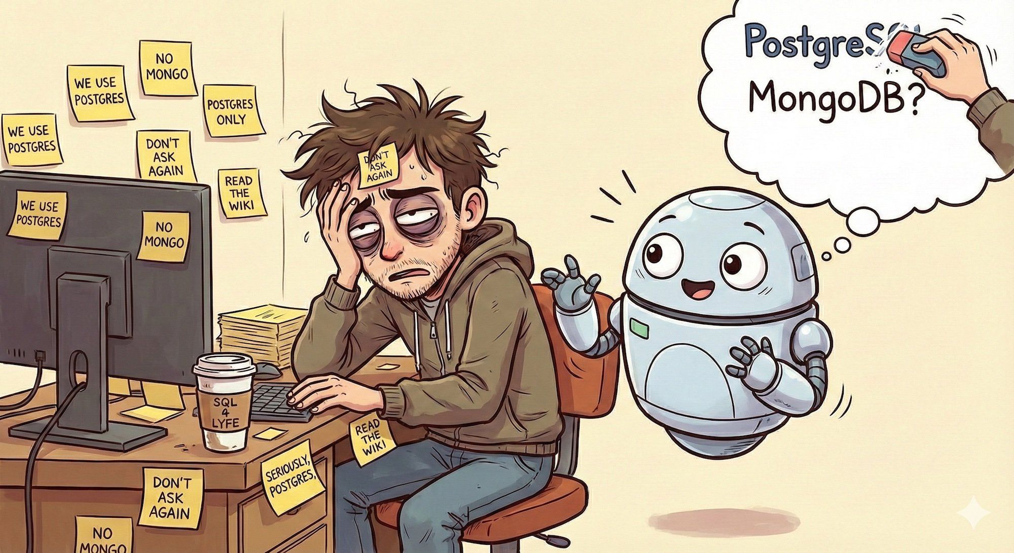 A developer at a desk looking exhausted, talking to a friendly robot that has a thought bubble showing 'PostgreSQL' being erased and replaced with 'MongoDB?' repeatedly. Post-it notes saying 'WE USE POSTGRES' are stuck everywhere.