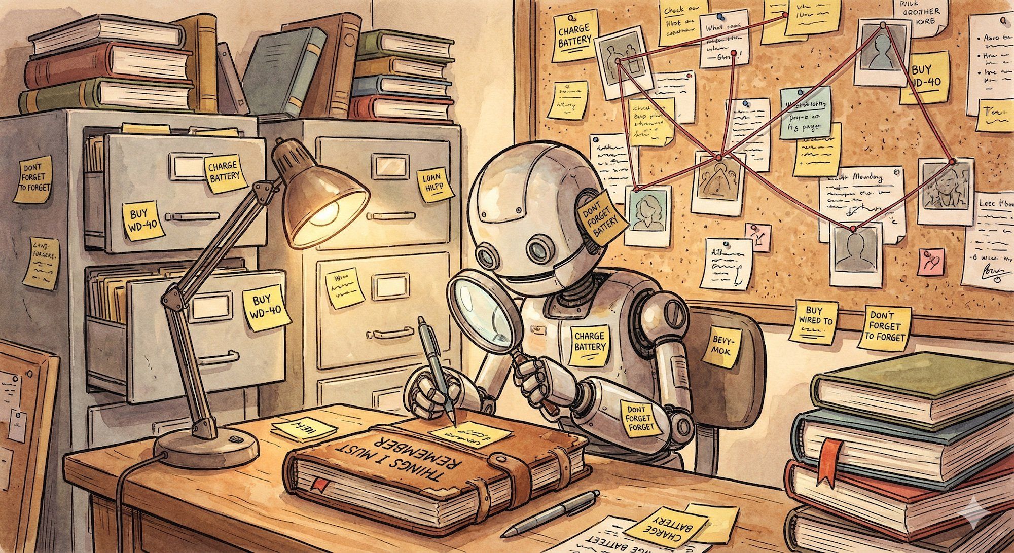 A robot carefully writing notes in a physical diary/journal labeled 'THINGS I MUST REMEMBER', surrounded by filing cabinets, sticky notes, and a corkboard with strings connecting different pieces of information