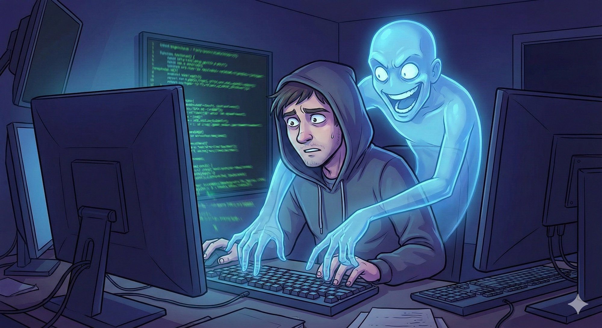 A developer typing at a keyboard while a ghostly AI entity hovers behind them, arms reaching around to type suggestions. The screen shows code appearing faster than the developer can read it. The AI has an eager, slightly manic expression.