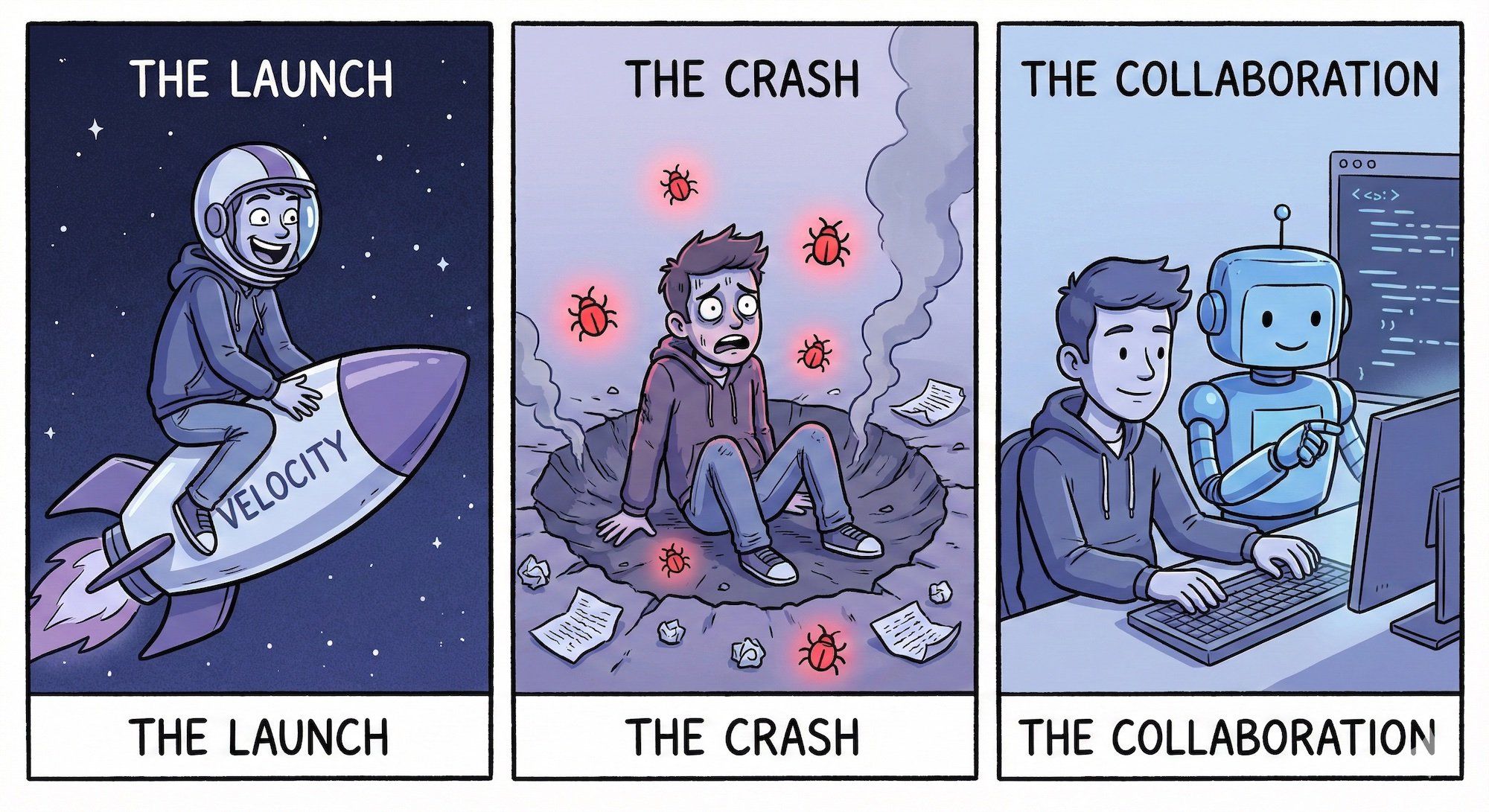 A triptych showing three panels: 1) A developer on a rocket ship labeled 'VELOCITY' looking thrilled, 2) The same developer crashed into the ground looking traumatized surrounded by bug reports, 3) The developer calmly working alongside a robot, both reviewing code carefully.