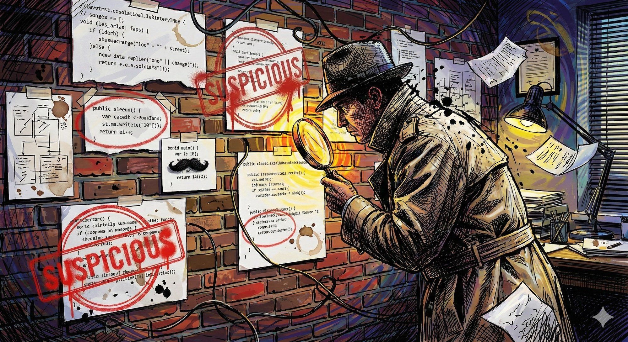 A detective with a magnifying glass examining lines of code on a wall like a crime scene, with red circles and 'SUSPICIOUS' labels on various code blocks. Some code has a fake mustache.