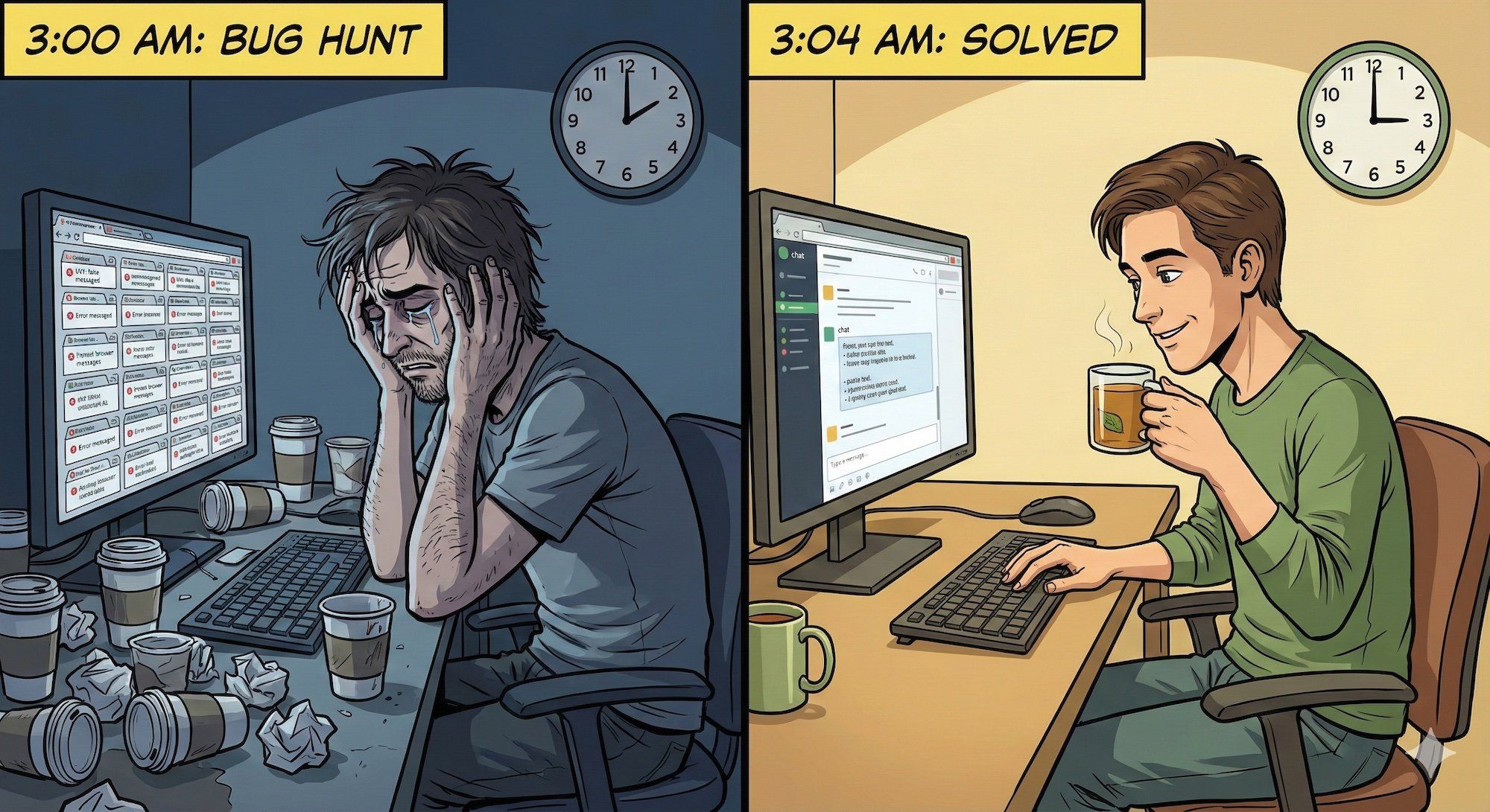 Split image: Left side shows a haggard developer at 3am surrounded by empty coffee cups, 47 browser tabs open, crying. Right side shows the same developer calmly pasting an error into a chat window while sipping tea, with a clock showing 4 minutes have passed