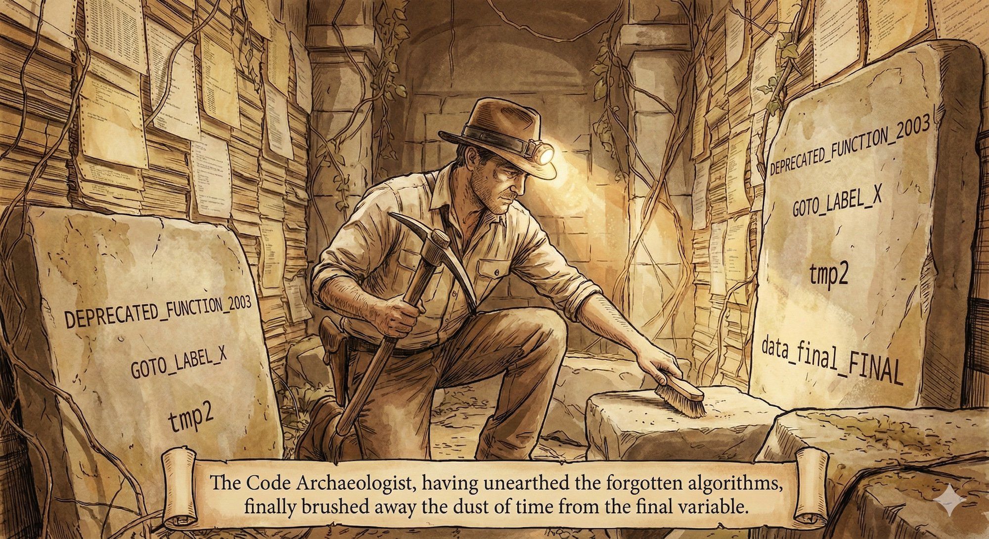 An archaeologist with a pickaxe and headlamp exploring ancient ruins, but the ruins are made of old code printouts, deprecated function names carved in stone, and dusty variable names like 'tmp2' and 'data_final_FINAL'. Indiana Jones meets software development.