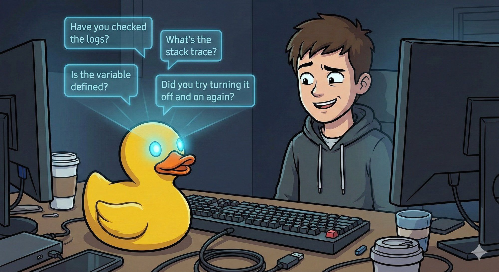 A yellow rubber duck sitting on a desk next to a keyboard, but the duck has glowing eyes and is projecting holographic text bubbles with helpful debugging questions. The developer looks both comforted and slightly disturbed.