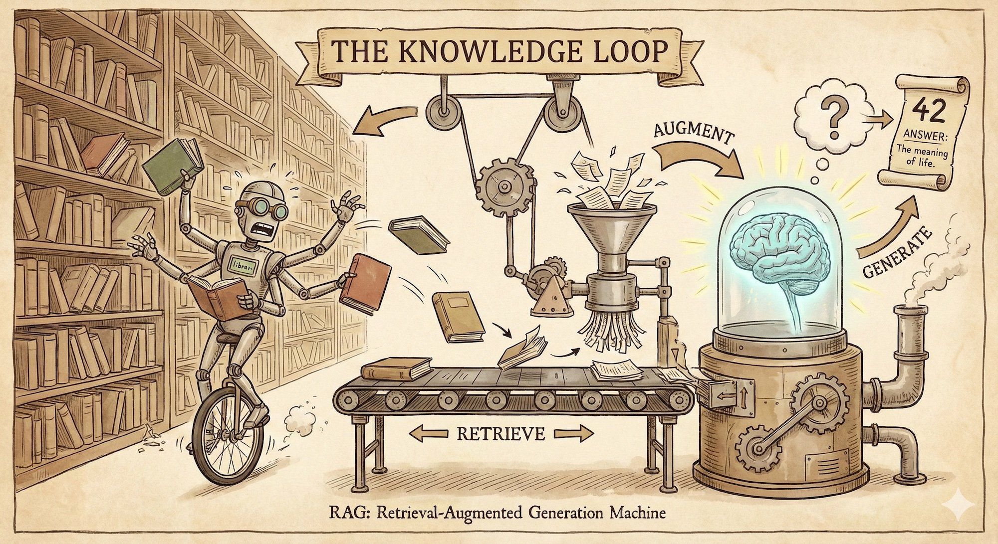 A librarian robot frantically pulling books off shelves, running to an AI brain, and stuffing the relevant pages directly into its head before the AI answers a question. The process shown as a loop with arrows labeled 'Retrieve', 'Augment', 'Generate'. Educational diagram meets Rube Goldberg machine.