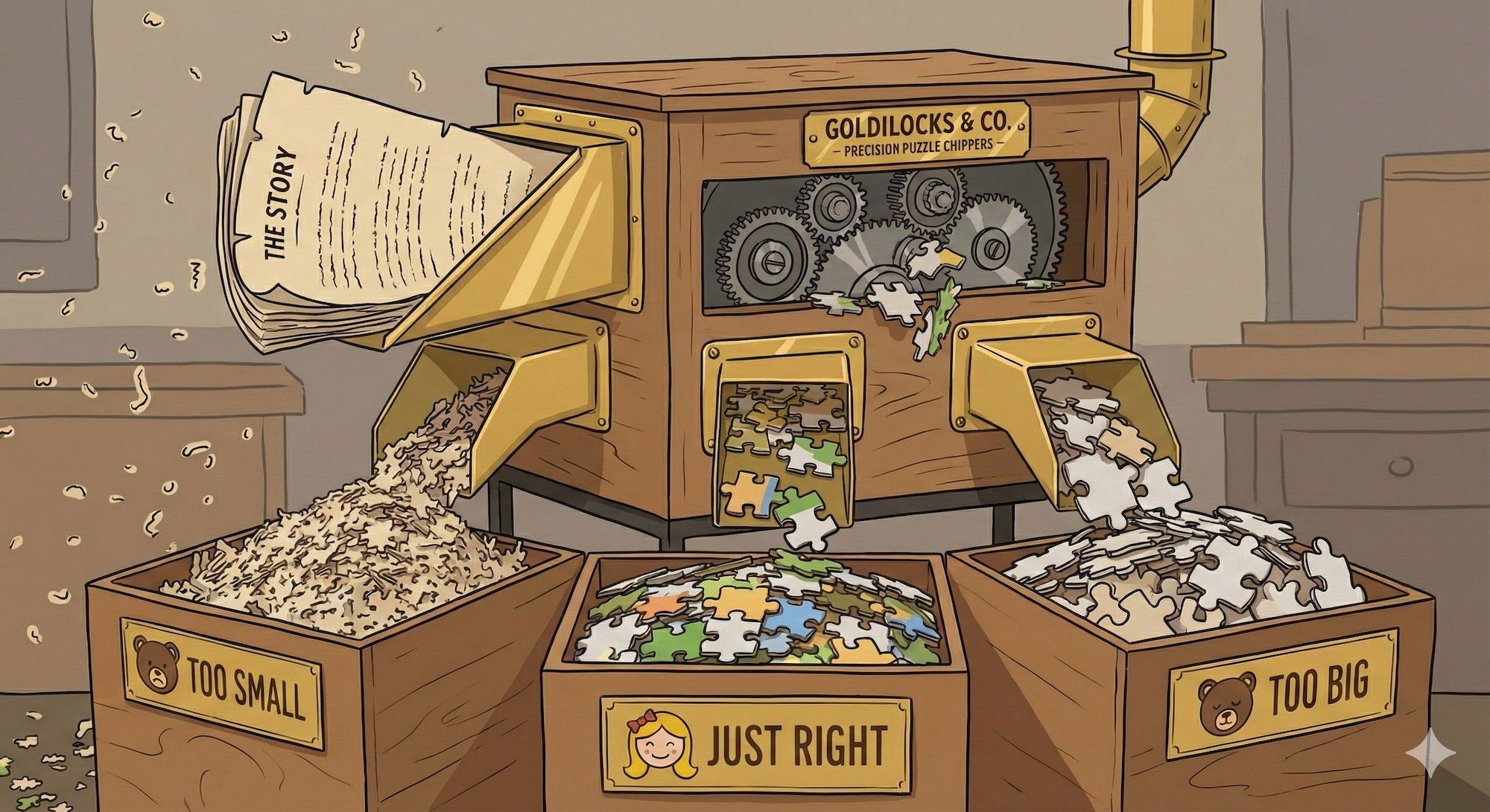 A document being fed through a wood chipper, but instead of destruction, it's being carefully cut into perfect puzzle pieces that fit together with slight overlap. Some pieces are labeled 'too small' and look useless, others 'too big' and look bloated, and the middle ones are 'just right'. Goldilocks meets paper shredder.