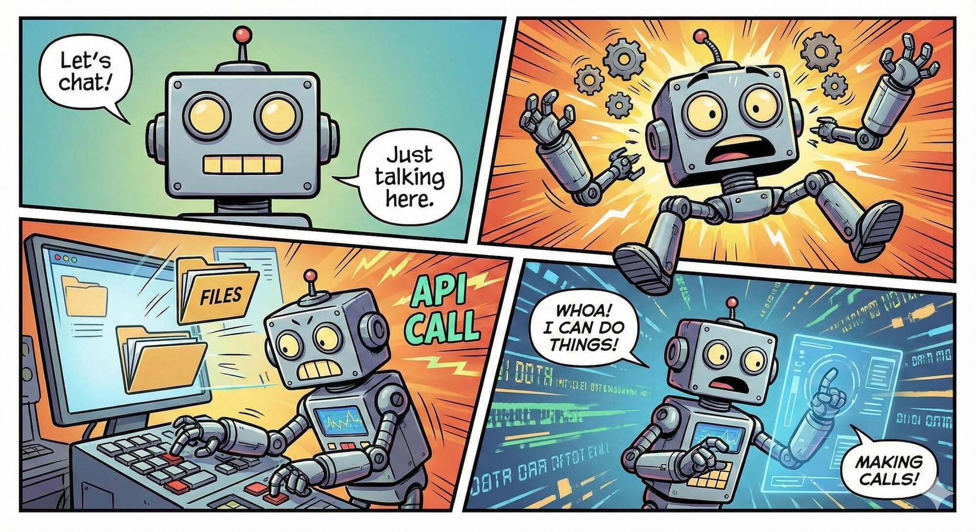 A lightbulb moment illustration: a person sitting at a desk with a laptop, surrounded by floating icons of AI tools, APIs, and code snippets. Their expression is one of sudden realization and excitement.