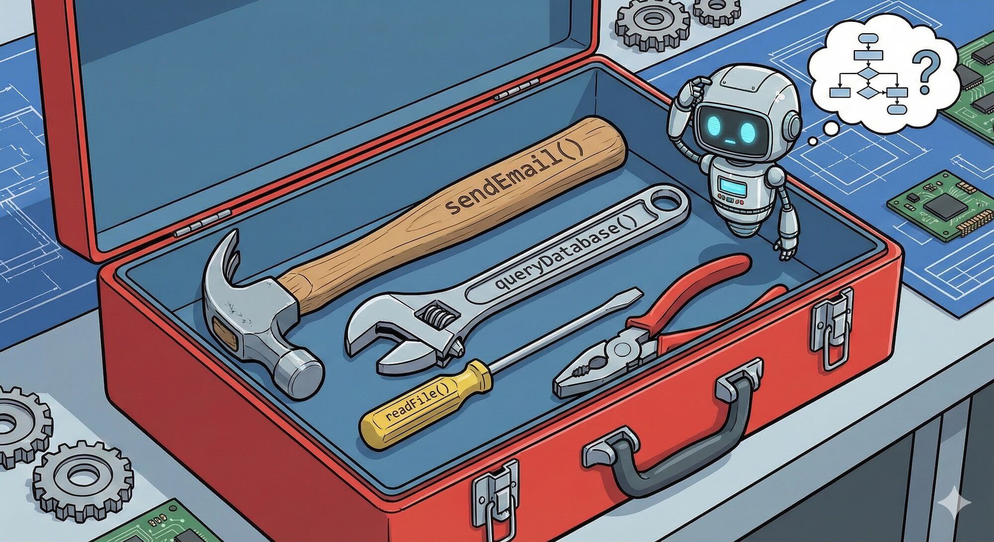 A toolbox opened up showing various tools labeled with function names: a hammer labeled 'sendEmail()', a wrench labeled 'queryDatabase()', a screwdriver labeled 'readFile()'. An AI robot is thoughtfully selecting which tool to use. Technical illustration meets cartoon workshop.