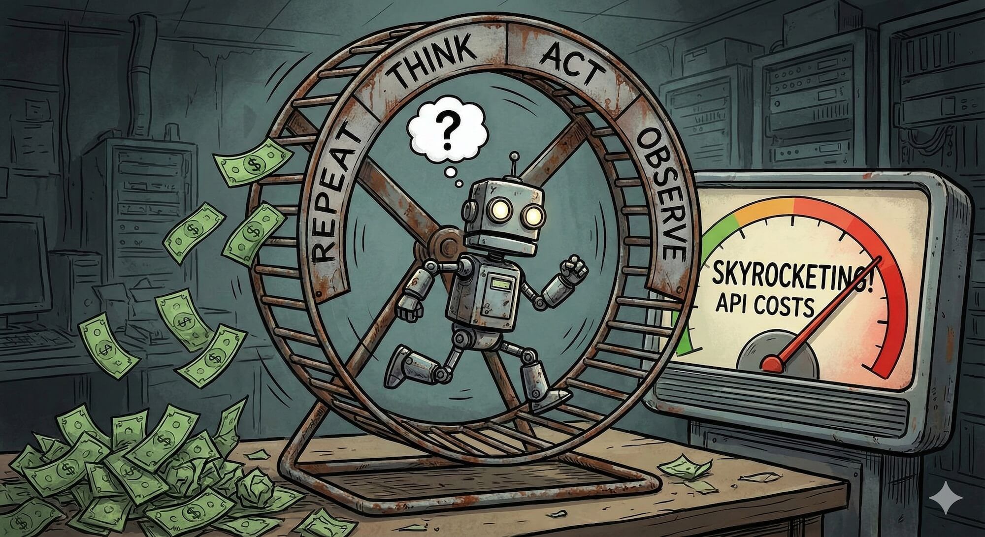 A hamster wheel but instead of a hamster, there's a robot running inside. The wheel is labeled with stages: 'Think', 'Act', 'Observe', 'Repeat'. Dollar bills are flying off the wheel. A meter on the side shows 'API COSTS' climbing.