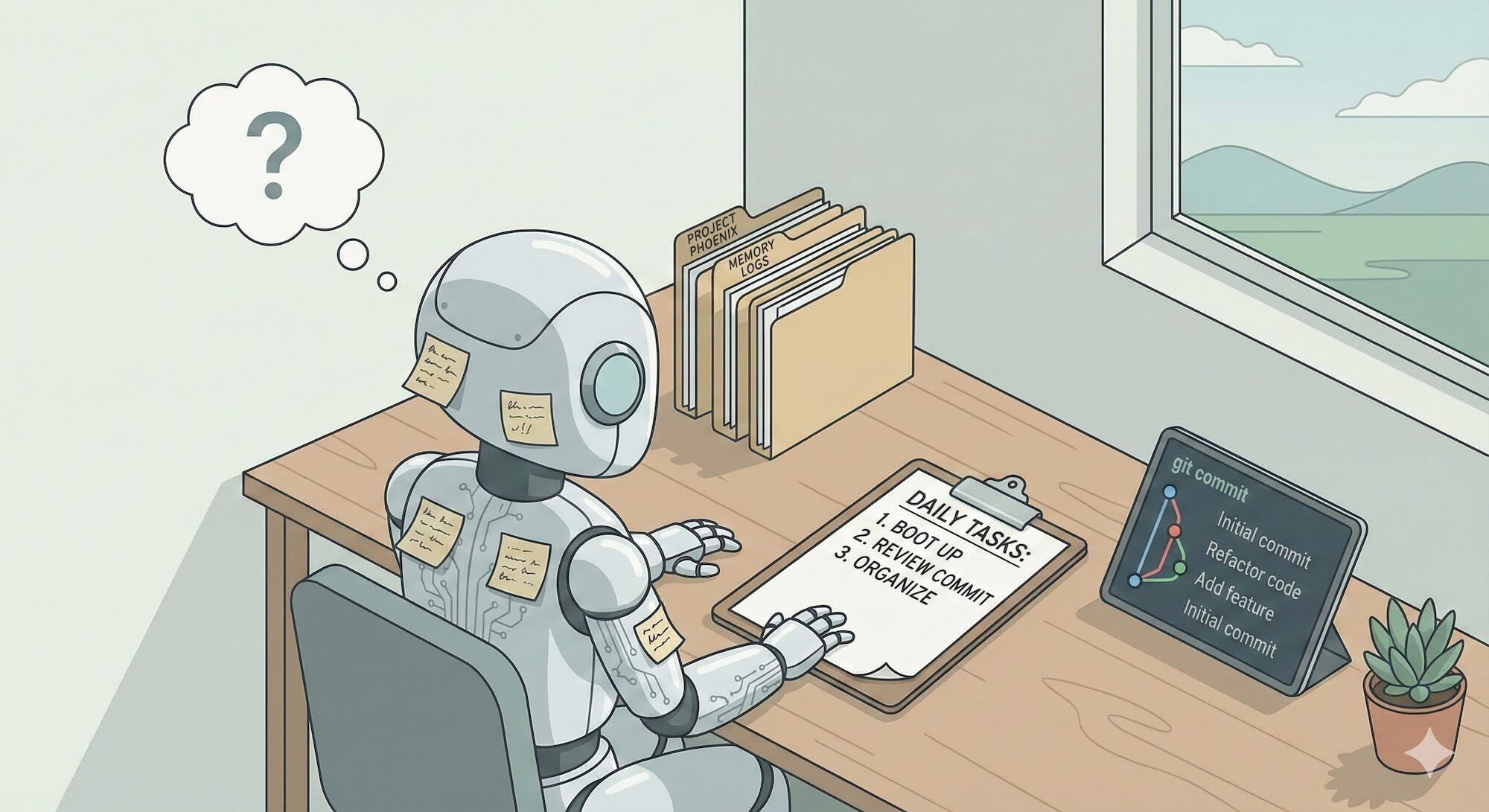 A robot waking up with a clear, empty thought bubble, looking at a well-organized desk with labeled files, a checklist, and git commit history. The robot looks confused but the environment provides all the context it needs. Clean, organized, almost zen-like
