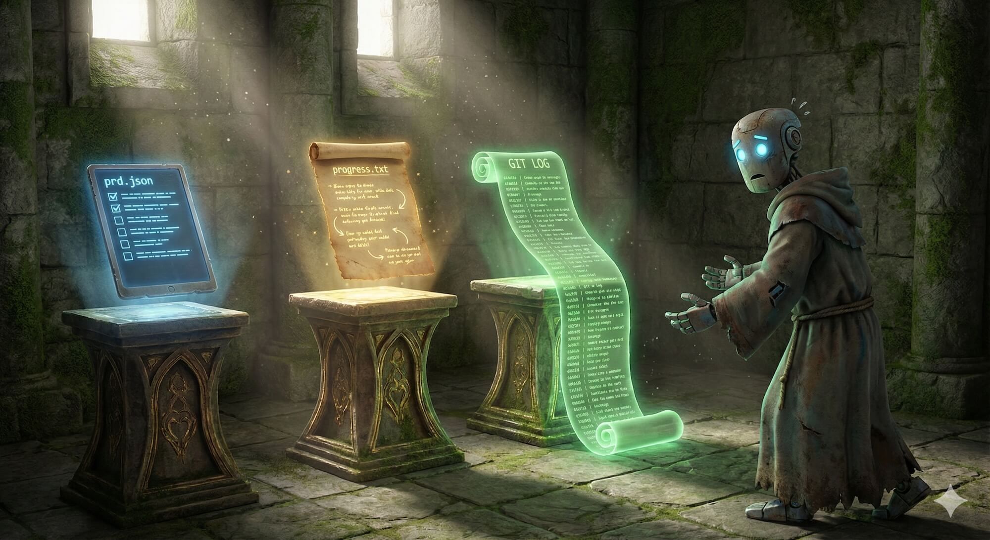 Three glowing sacred documents on pedestals like religious artifacts: 'prd.json' with checkboxes, 'progress.txt' with handwritten notes, and a Git log scroll. An amnesiac robot approaches them reverently to learn who it is. Epic fantasy meets version control.