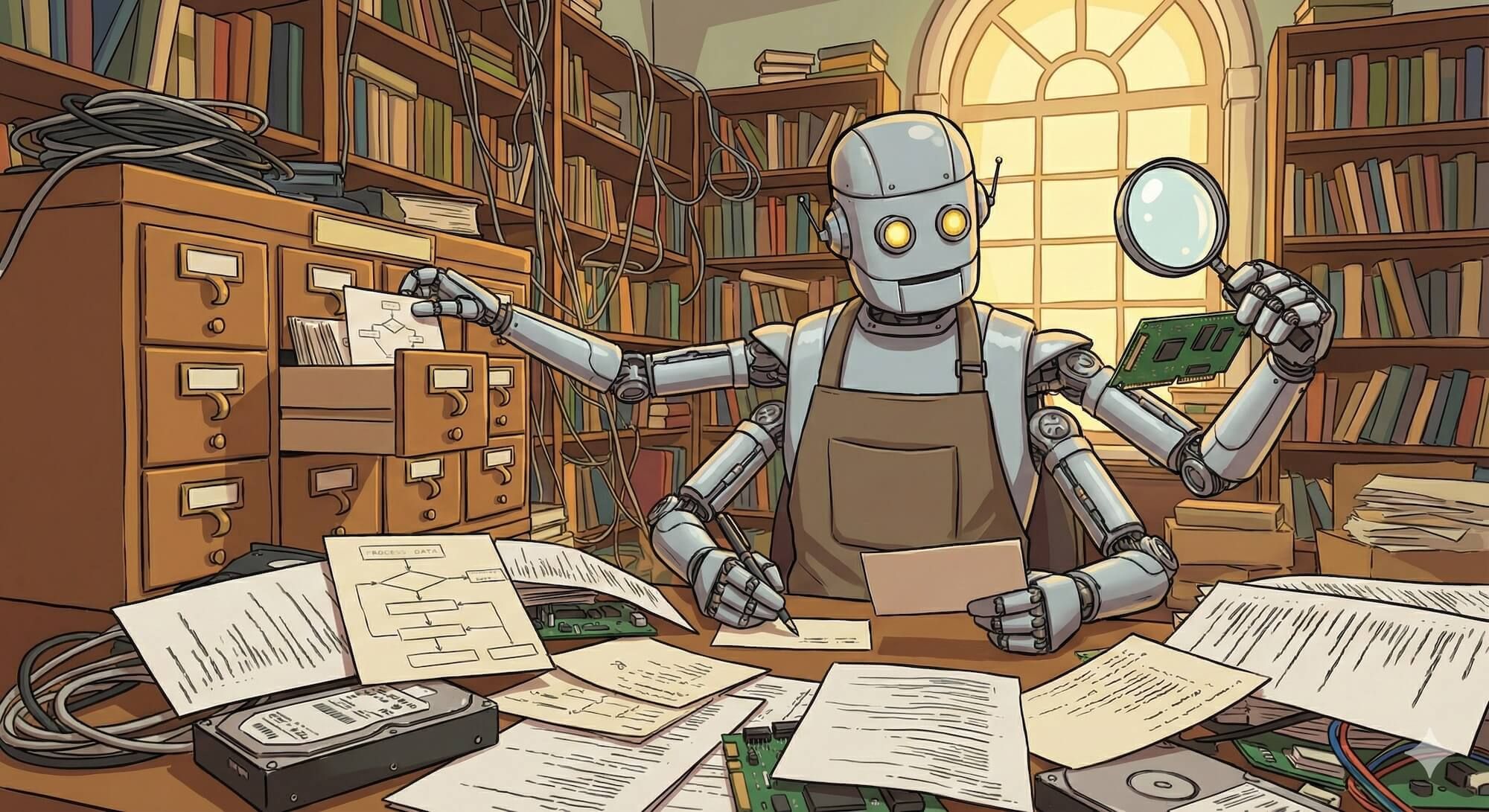 A robot librarian creating a detailed card catalog system from a messy pile of code files. Each card shows function names, dependencies, and relationships. The robot has multiple arms working simultaneously, creating order from chaos.