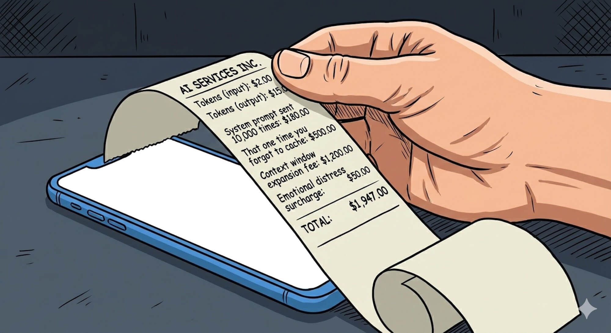 A receipt from "AI SERVICES INC" that keeps unrolling off the screen, with line items getting increasingly absurd: "Tokens (input): $2.00", "Tokens (output): $15.00", "System prompt sent 10,000 times: $180.00", "That one time you forgot to cache: $500.00".