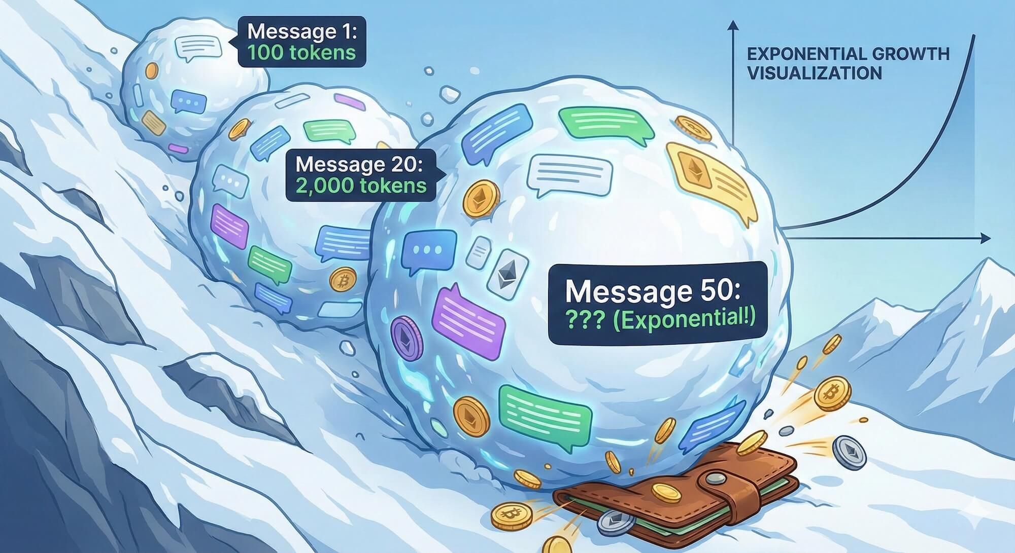 A snowball rolling downhill getting exponentially larger, but instead of snow it is made of chat messages and token counts. At the bottom, a wallet is being crushed. The snowball has labels showing "Message 1: 100 tokens", "Message 20: 2000 tokens", "Message 50: ???"