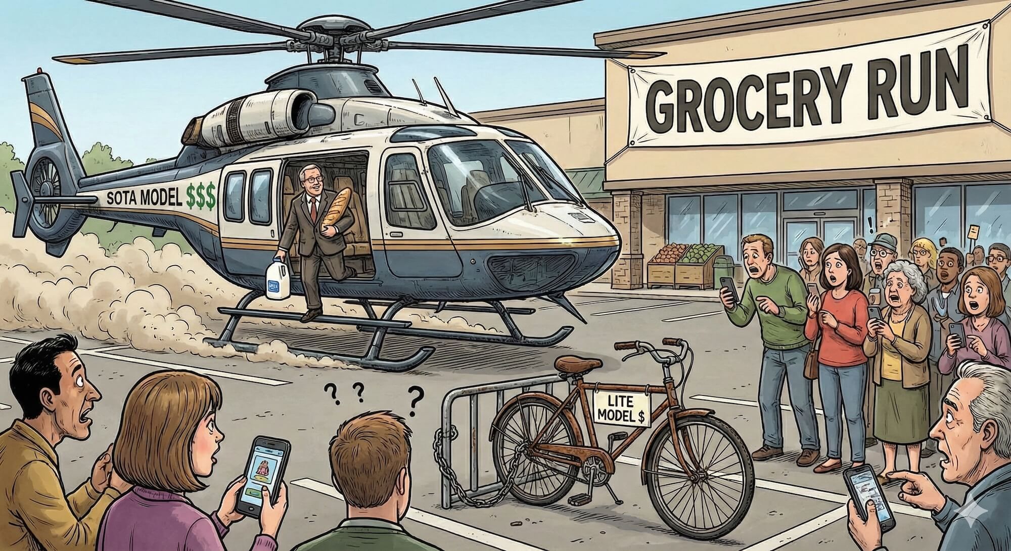 Someone arriving at a grocery store in a helicopter. The helicopter is labeled "GPT-4 Opus $$$" and a bicycle is parked outside labeled "GPT-3.5 Haiku $". Everyone in the parking lot is staring. The groceries are simple items like milk and bread.