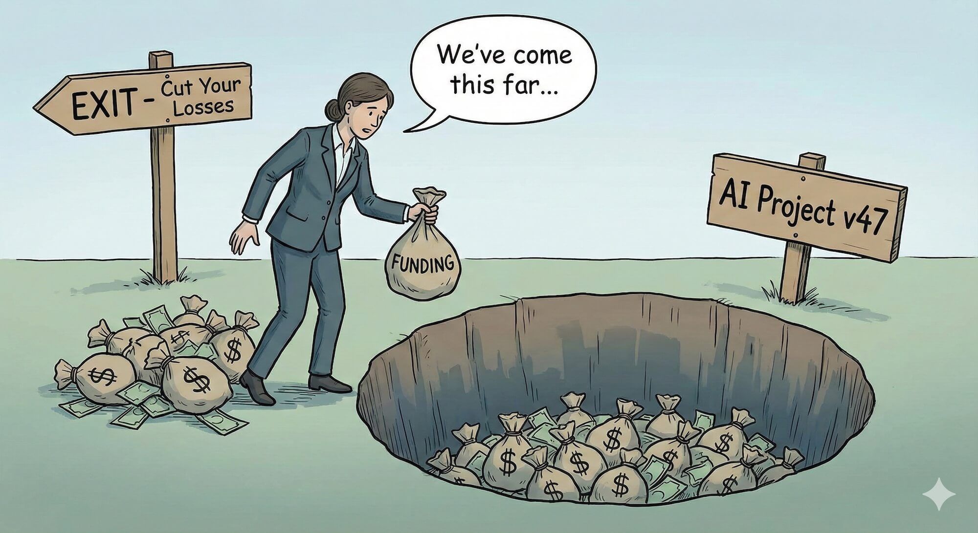 A person standing at the edge of a money pit, having already thrown bags of money in. Behind them is a sign pointing to "EXIT - Cut Your Losses". They are about to throw another bag in while saying "We have come this far...". The pit is labeled "AI Project v47".