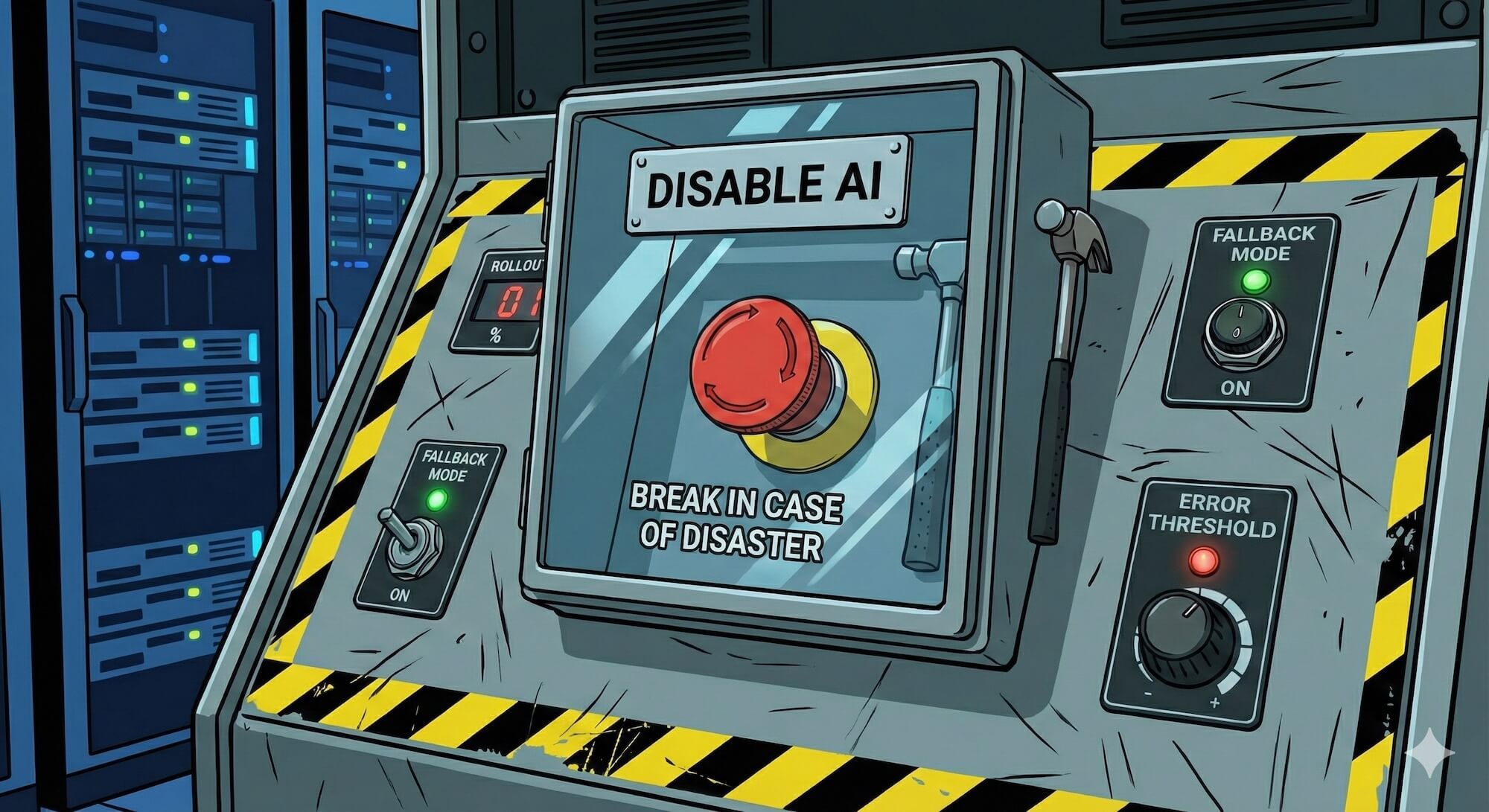 A large red emergency button labeled "DISABLE AI" behind glass that says "Break In Case of Disaster". Around it are smaller, more sophisticated switches labeled "Rollout %", "Fallback Mode", and "Error Threshold".