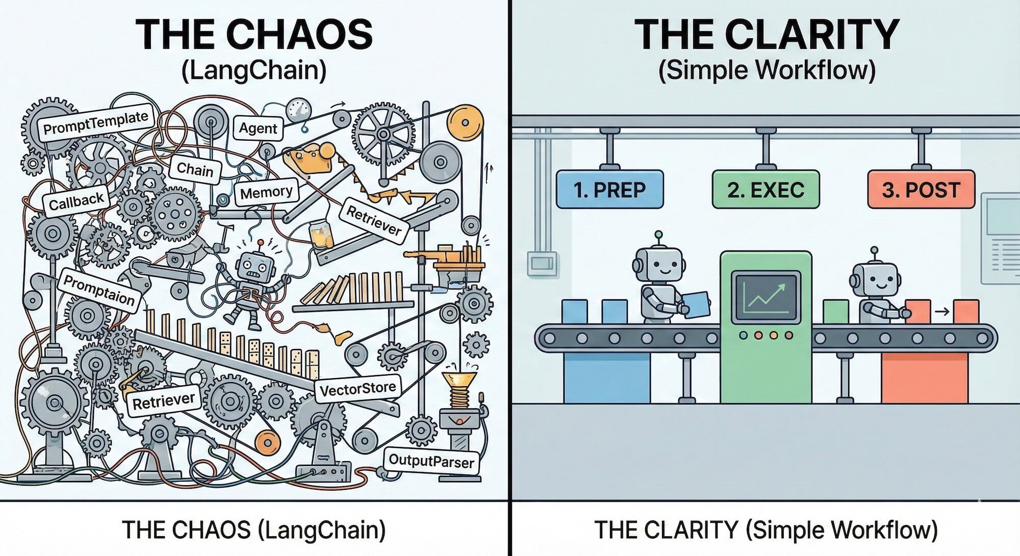 Two side-by-side images: Left shows an impossibly complex Rube Goldberg machine with thousands of moving parts labeled "LangChain". Right shows a simple three-step assembly line with clear labels: "Prep", "Exec", "Post". The simple one has a small robot happily working.