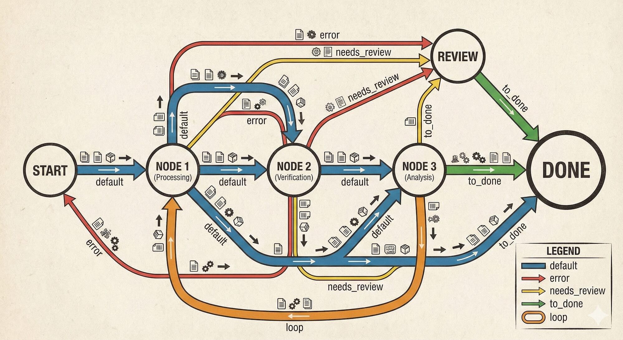 A subway map where each station is a "Node" and the lines connecting them are labeled with actions like "default", "needs_review", "error". Passengers (data) are flowing through the system. Some lines lead to a station called "Done" and others loop back.