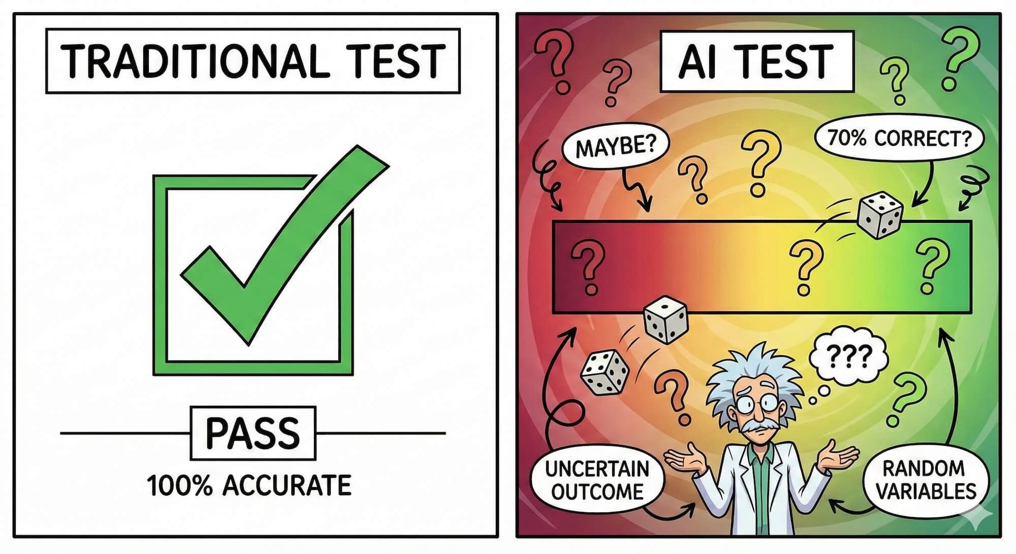 A traditional test with a simple green checkmark vs an AI test showing a spectrum/gradient from red to green with question marks, dice, and a shrugging scientist. The traditional side is neat and orderly, the AI side is chaotic with "maybe?" and "70% correct?" labels. Comparison illustration.