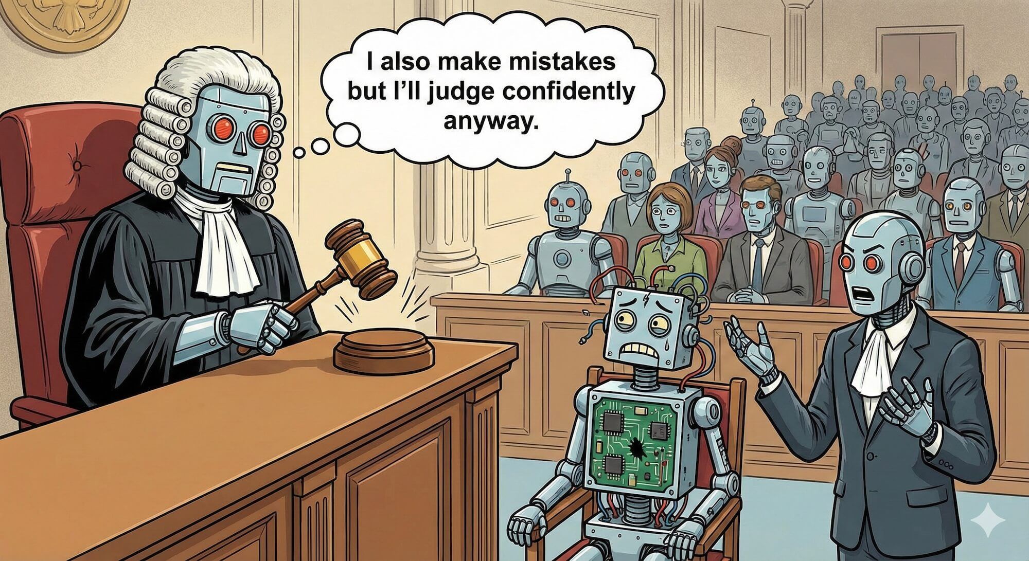 A robot in judge's robes and powdered wig, sitting at a bench, evaluating another robot's work. The judging robot has a thought bubble showing <I also make mistakes but I'll judge confidently anyway>. Courtroom drama meets AI absurdity.