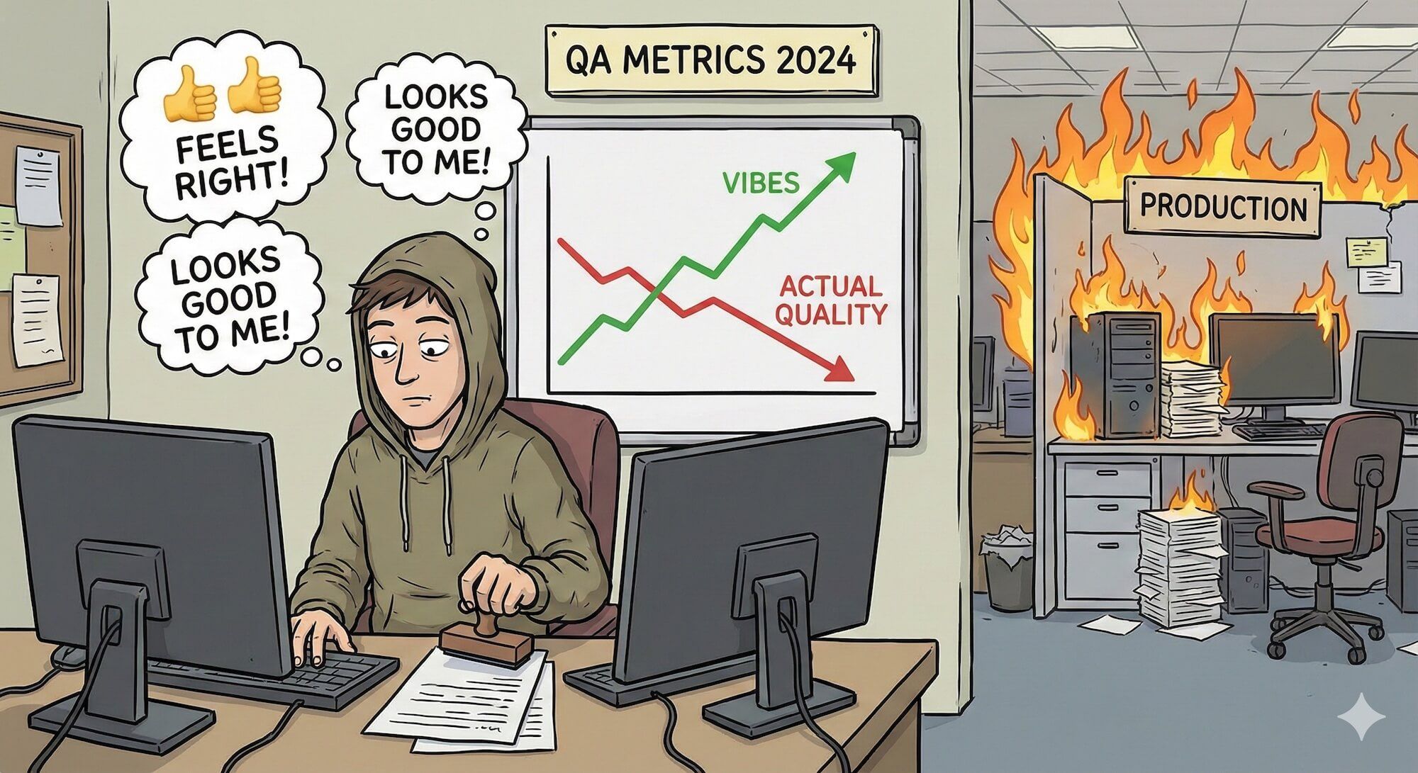 A QA engineer in front of a computer, looking uncertain, with thought bubbles showing 'feels right' and 'looks good to me'. In the background, production is on fire with alarms blaring. A chart shows 'Vibes' trending up while 'Actual Quality' trends down.