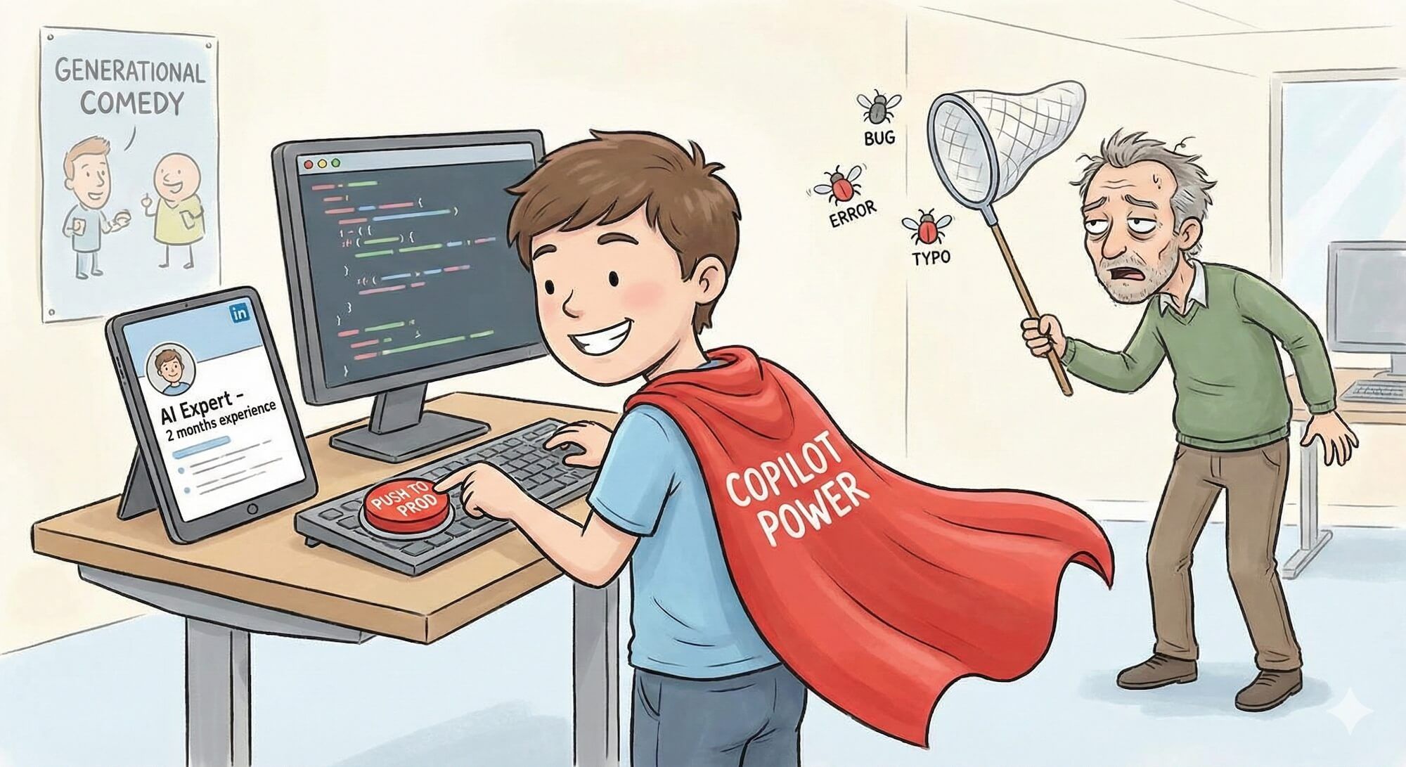 A lineup of office workers on a spectrum from left to right: Aggressive Skeptic (arms crossed, "AI is hype" button), Paralyzed Manager (frozen with analysis paralysis), Breathless Enthusiast (literally breathless with stars in eyes), Overconfident Junior (cape flowing, "10x Engineer" badge), and Executive (reading AI article upside down).