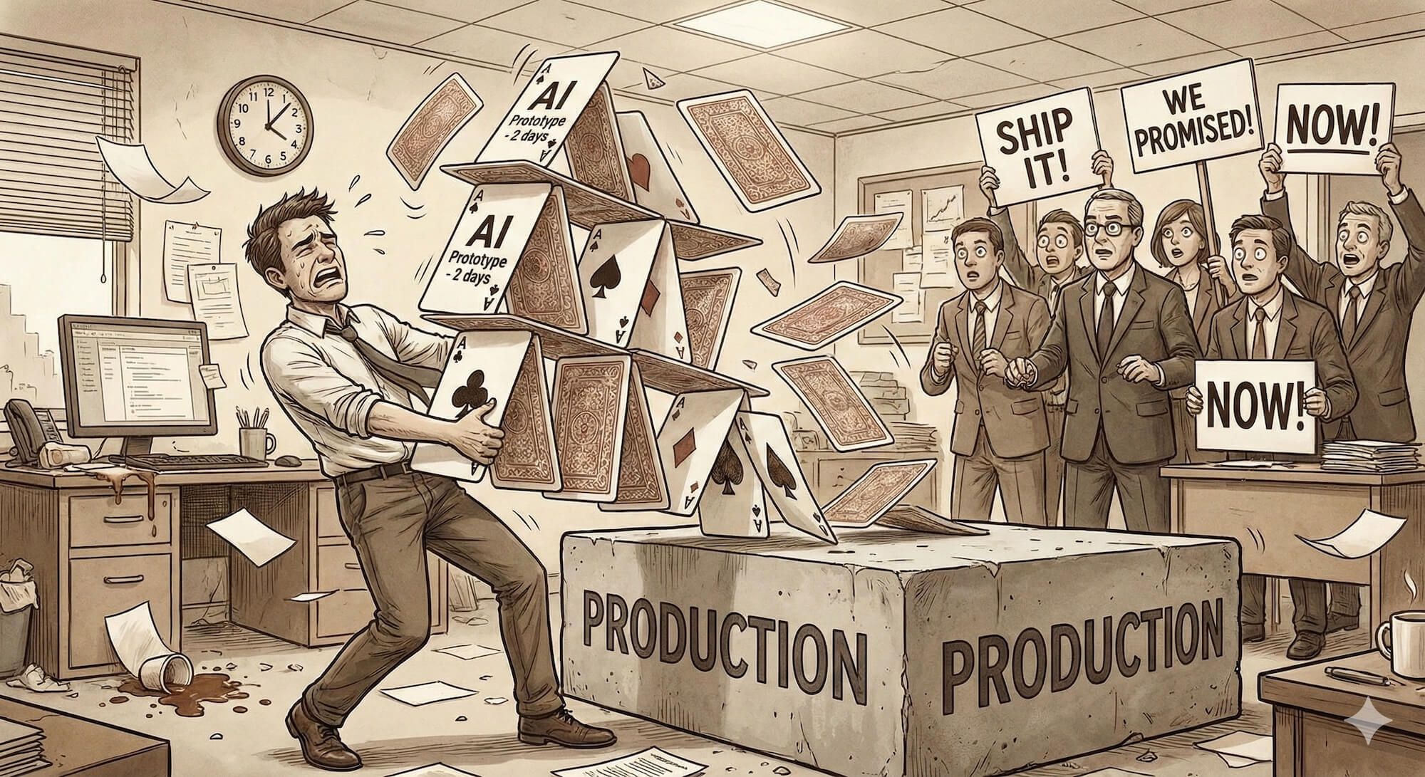 A small, cute house of cards labeled "AI Prototype - 2 days" on a table. Someone is trying to move the whole thing to a foundation labeled "Production" while the cards are already collapsing. Stakeholders watch expectantly with "Ship It!" signs.